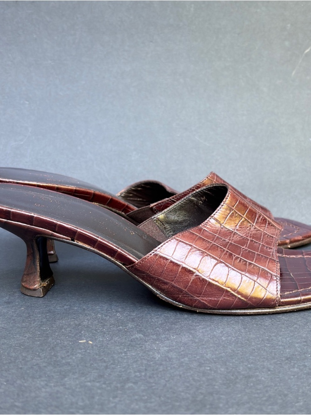 Donald J Pliner Oval Kitten Heel Sandals Womens 7.5 Brown Croc Print Square Toe - Picture 5 of 9